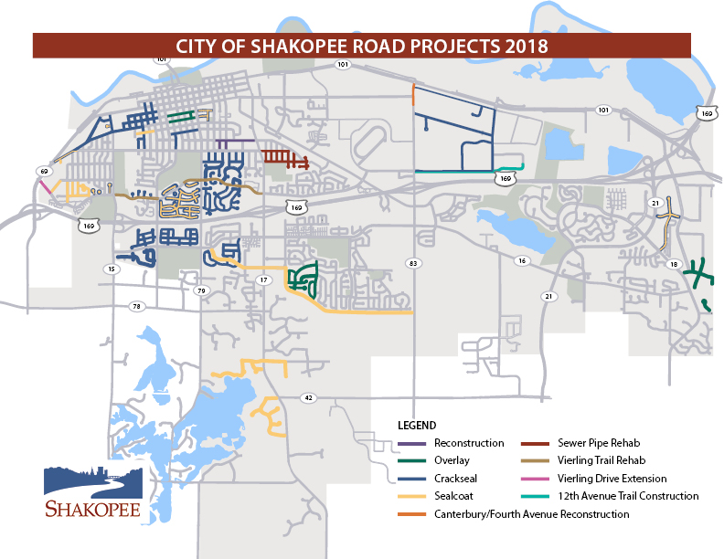 Map showing different road work projects happening in 2018