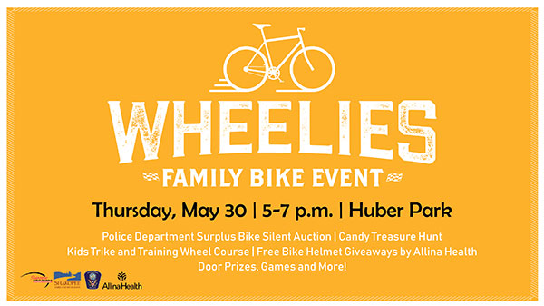 Poster with words Wheelies Family Bike Event, Thursday, May 30 5-7 p.m. Huber Park