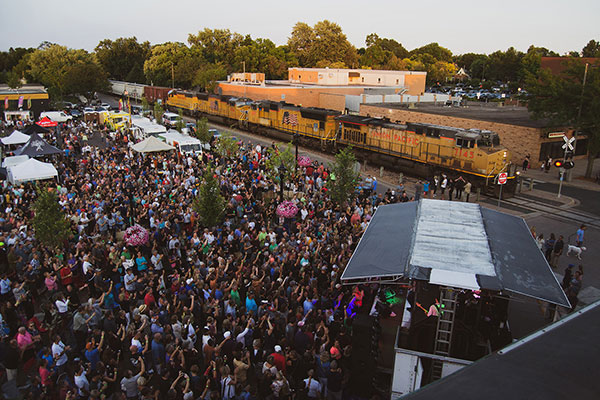 Crowd of people with train going by